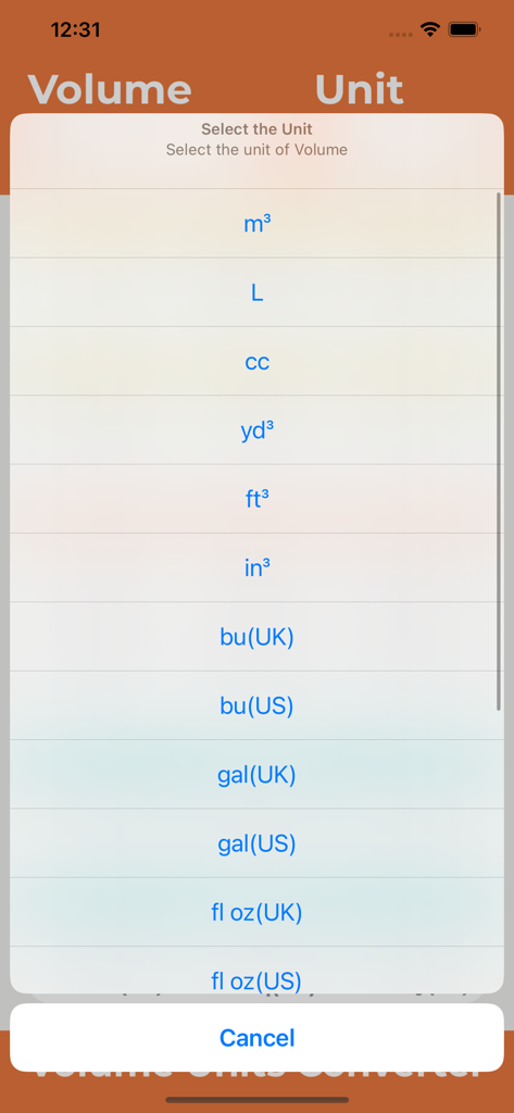 Una lista de unidades de volumen disponibles para seleccionar en la aplicación Convertidor de Unidades de Volumen, incluyendo metros cúbicos, litros y galones