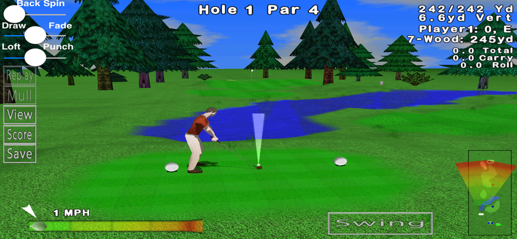 GL Golf Deluxe - 나무와 워터 해저드가 있는 3D 코스에서 골퍼가 스윙을 준비하는 GL Golf Deluxe 게임 플레이 스크린샷.