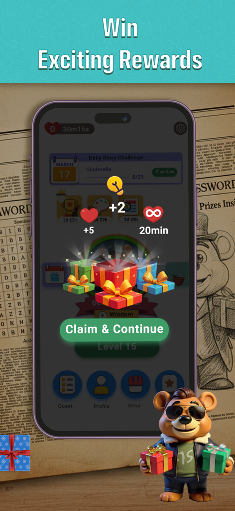 CodeWords: Cryptogram Puzzles - 漫画のクマのキャラクターが表示された、ボーナスヒントとライフを表示するCodeWordsアプリの報酬画面。