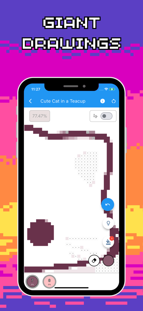 Color by Number: Paint & Draw - La pantalla de la aplicación Color by number muestra un dibujo pixel art de un gato en una taza de té con un encabezado que dice Dibujos Gigantes.