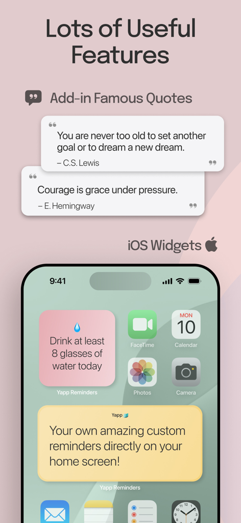 Yapp Random Reminders - Yappアプリは、有名な引用と、毎日のリマインダーとモチベーションのためのカスタマイズ可能なiOSホーム画面ウィジェットを示しています。