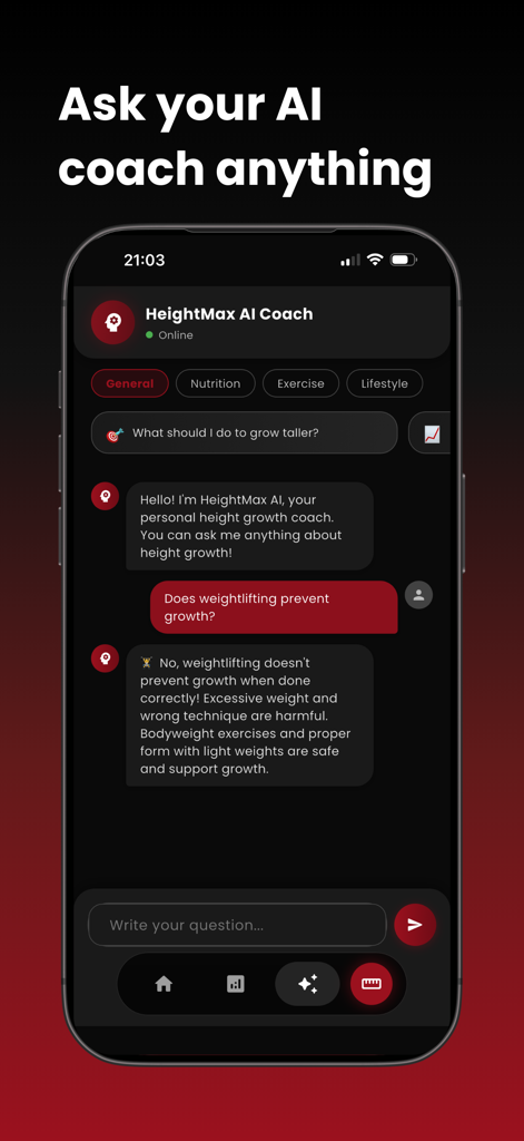 HeightMax app AI coach chat interface providing science-backed height growth advice