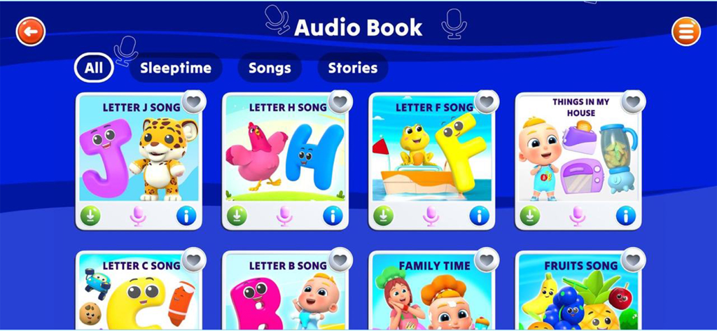Audio book library in the Apples and Bananas kids app featuring educational songs and stories