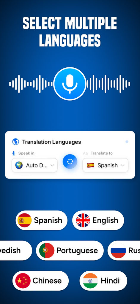 AI Translator – Go Translate - AI Translator App-Oberfläche, die die Auswahl mehrerer Sprachen und das Sprachübersetzungssymbol anzeigt