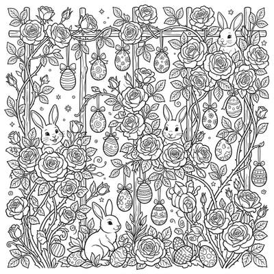Welcome spring with this delightful Easter coloring page, featuring elegant climbing roses adorned with whimsical decorated eggs. Discover playful bunnies nestled among the blossoms, ready for your creative touch.