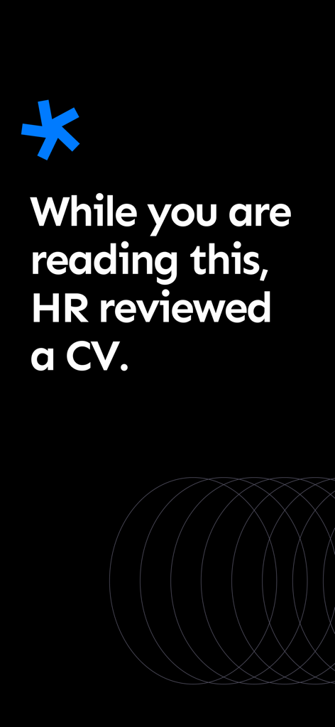 Smart CV: Resume Maker - A promotional screen for Smart CV Resume Maker highlighting the speed of HR resume reviews with minimalist white text on a black background