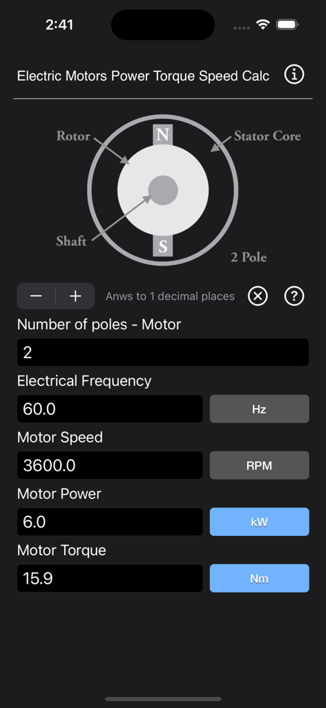 Oberfläche der App Electric Motors Speed Calc, die ein Motor-Diagramm und Berechnungen für Geschwindigkeit und Drehmoment zeigt