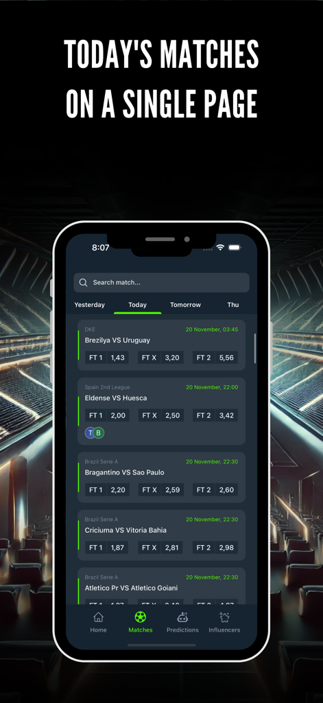 BetTips: Match Prediction - BetTips app interface showing a schedule of soccer matches and betting odds
