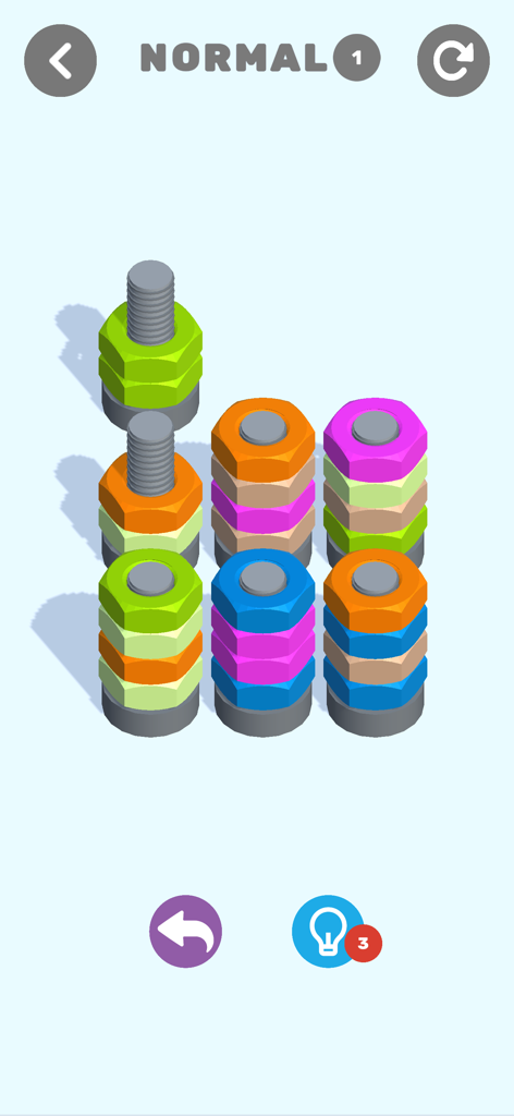 カジュアルパズルゲームで、ボルトに色とりどりのナットを仕分ける様子を示すゲームプレイ画面