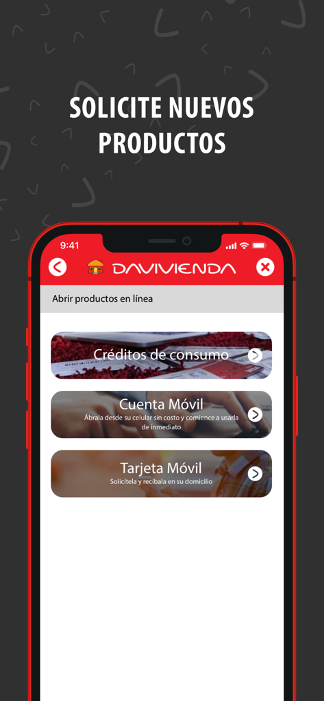 Davivienda El Salvador - Interfaz de la app Davivienda El Salvador mostrando opciones para solicitar préstamos y abrir cuentas bancarias en línea