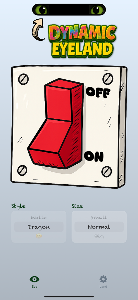 Interfaz principal de la aplicación Eyeland con un gran interruptor rojo y estilos de ojos personalizables.
