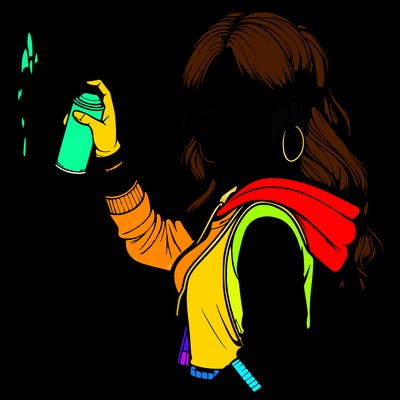 realistic girl with mask spray painting a wall