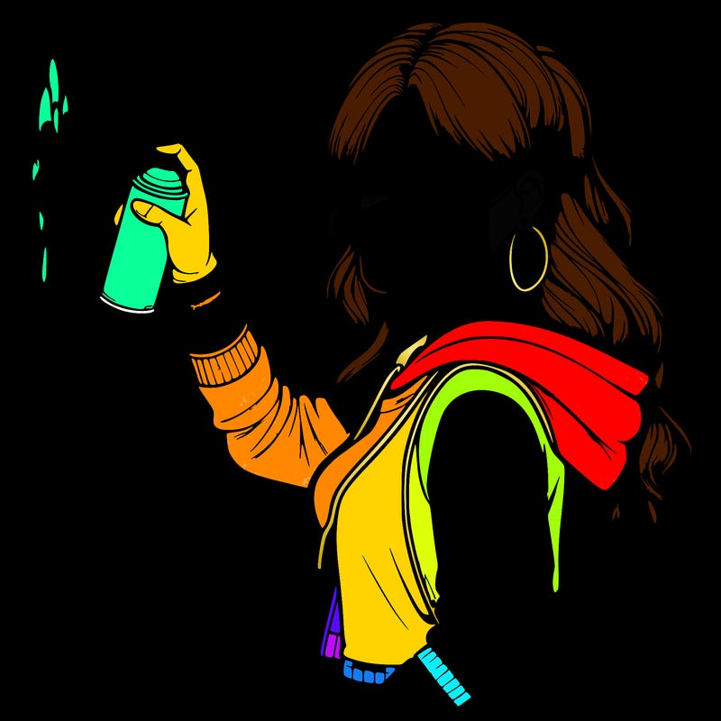 realistic girl with mask spray painting a wall