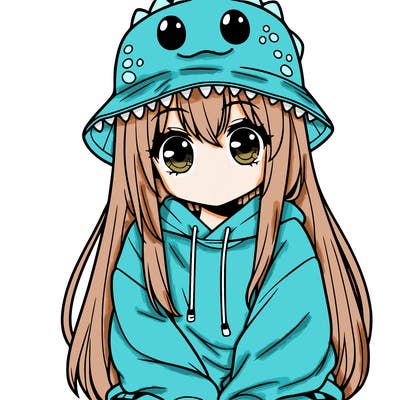 girl with anime shaped eyes with a dinosaur bucket hat oversized sweatshirt long straight hair