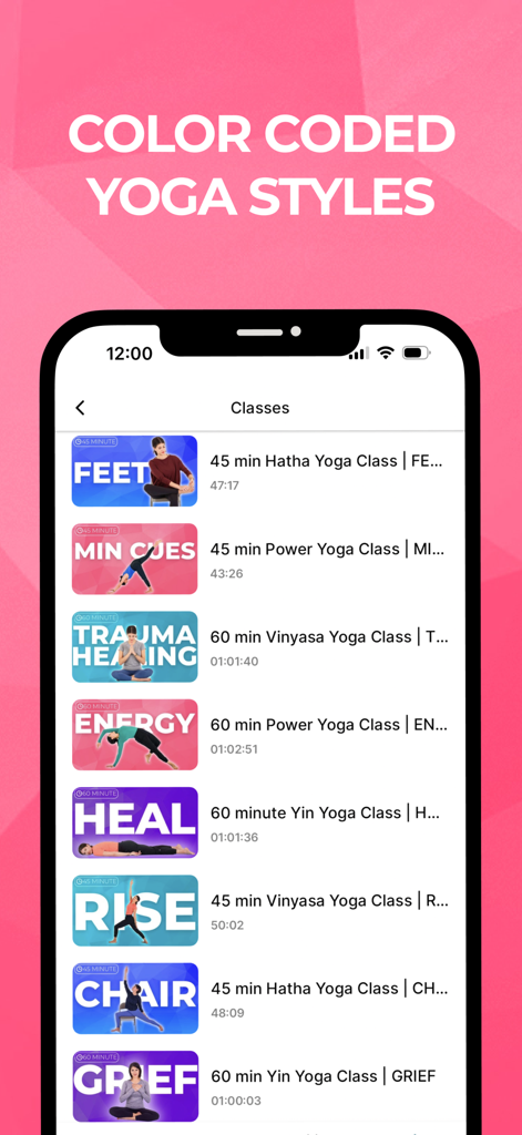 SarahBethYoga - SarahBethYoga app interface showing a list of color coded yoga classes including Hatha, Power, and Vinyasa.