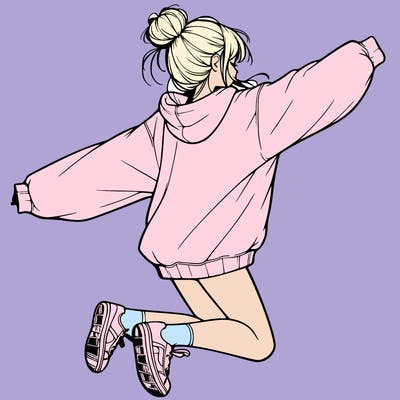 realistic girl jumping with a bun and oversized sweatshirt