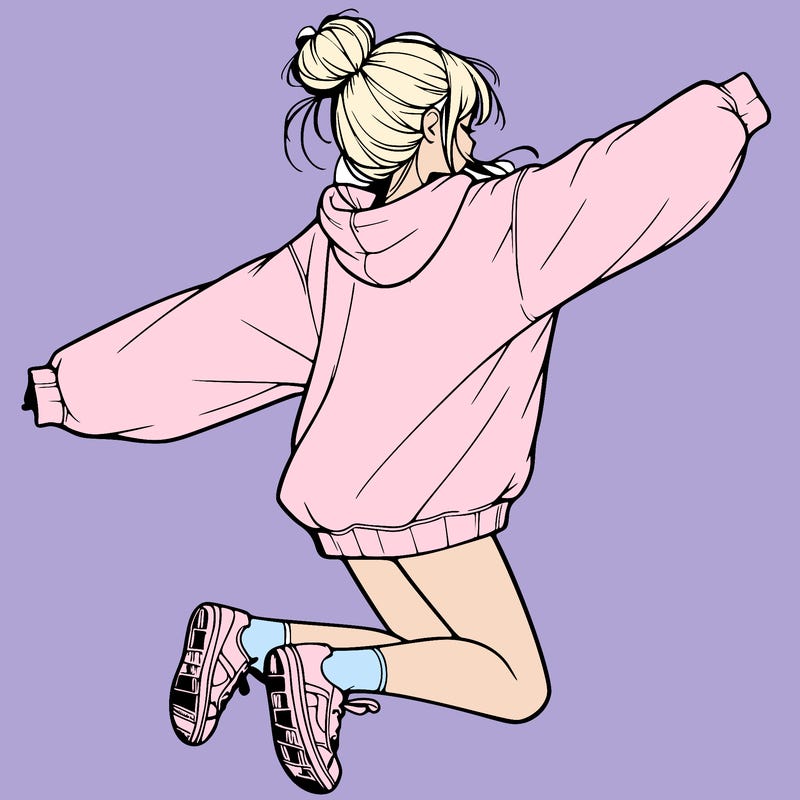 realistic girl jumping with a bun and oversized sweatshirt