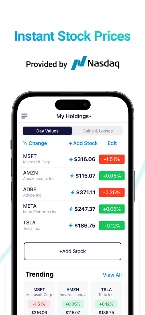 Stocks+ app - Stocks+ app interface displaying instant stock prices from Nasdaq and a personal holdings portfolio