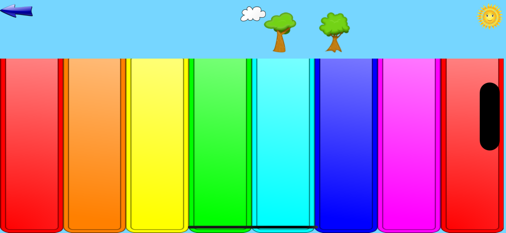 Buntes Baby-Klavier-Interface mit großen hellen Tasten und einem Cartoon-Hintergrund mit Sonne und Bäumen.