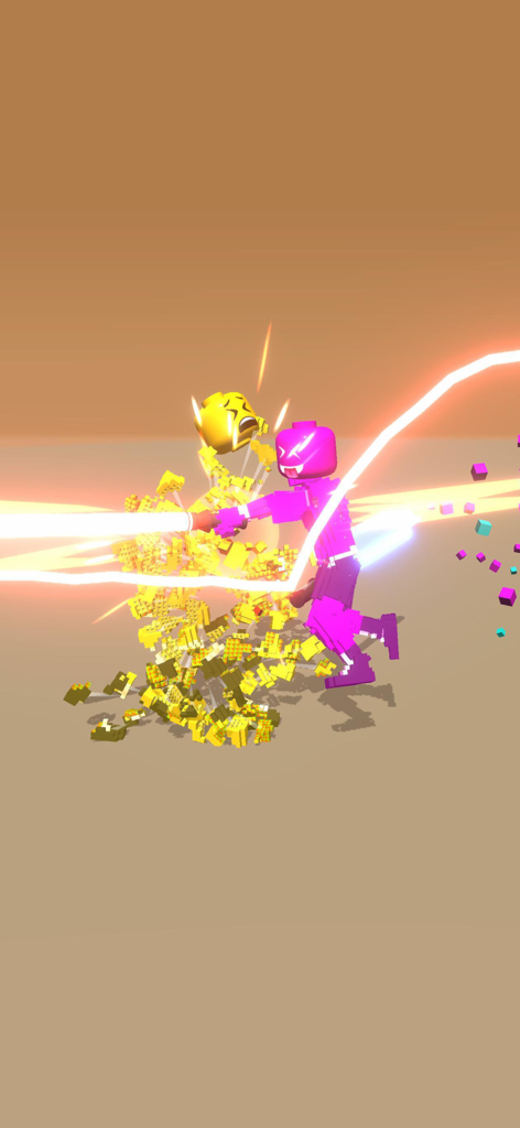 Draw Block Gladiator - Un personnage gladiateur bloc violet attaque un ennemi jaune qui se brise en morceaux