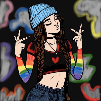 realistic teenage girl with braids and a beanie and crop top doing 🫶🏼