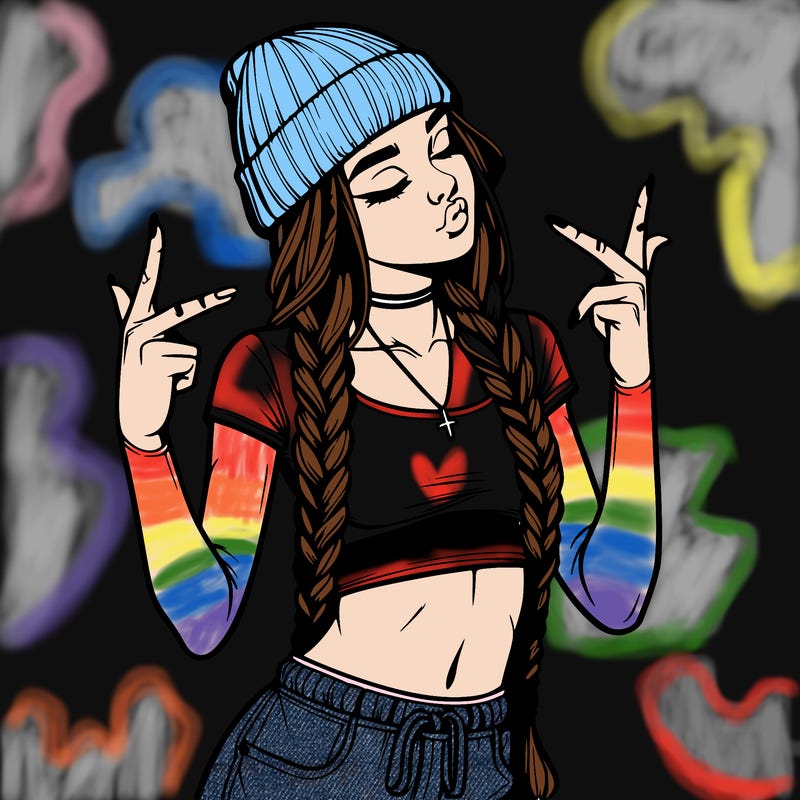 realistic teenage girl with braids and a beanie and crop top doing 🫶🏼