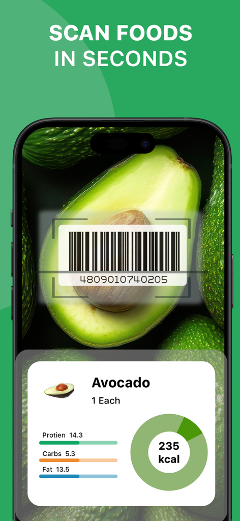 Keto Diet Tracker-Carb Counter - Keto Diet Tracker app showing a barcode scanner feature with nutritional data for an avocado