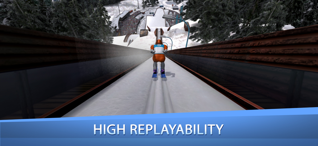A ski jumper in orange gear preparing to slide down a ramp in Ski Jumping Pro.