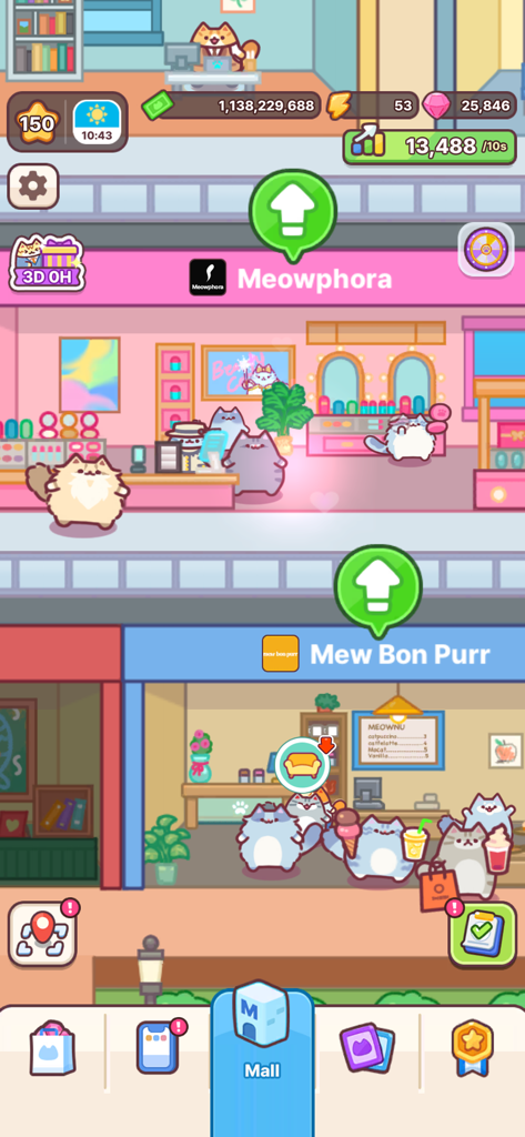 Cat Mall: Idle Shopping Tycoon - Captura de pantalla del juego de Cat Mall que muestra lindos personajes gatunos gestionando las tiendas Meowphora y Mew Bon Purr en un colorido juego de magnate inactivo.