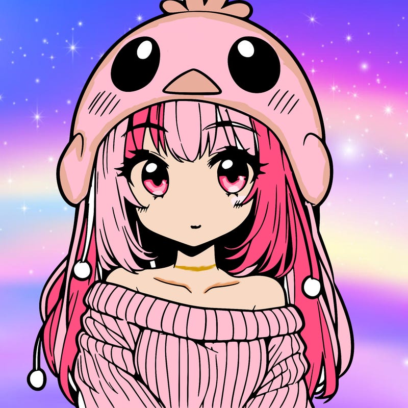 anime girl with chick shaped hat with sweater with bare shoulders with bangs covering them one eye with low tail