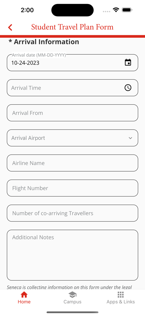 Seneca Mobile - Screenshot of the Seneca Mobile app showing the student travel plan form for airport pickup arrival information