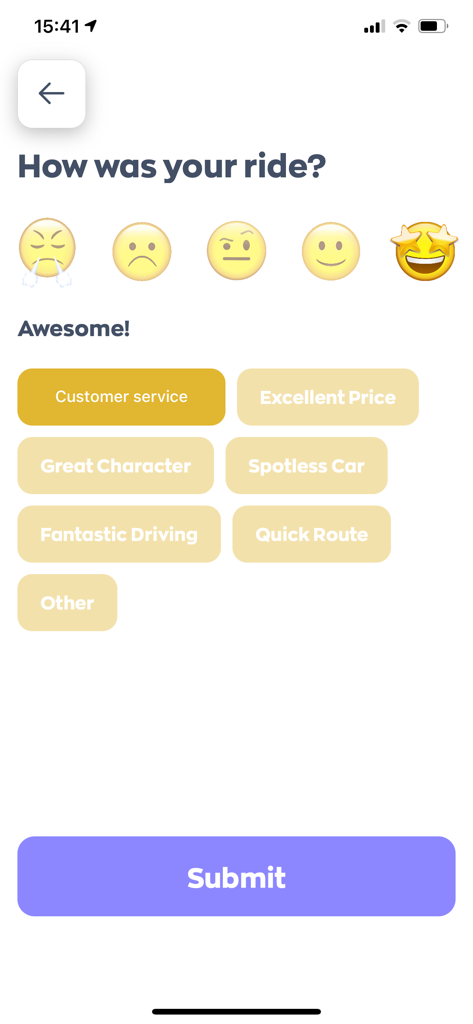 All The Fours - Ride rating screen in the All The Fours app showing satisfaction emojis and feedback tags like customer service and price