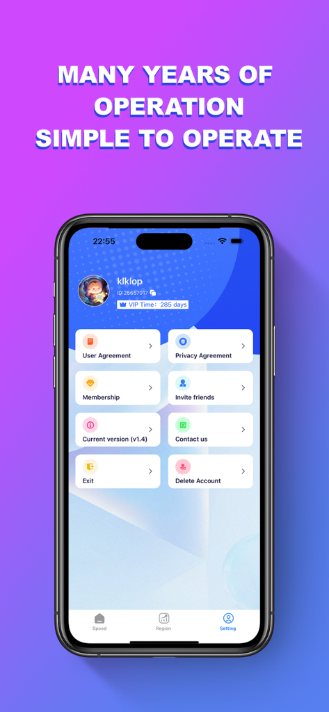 The settings menu of the Jingling Accelerator app showing user profile and account options