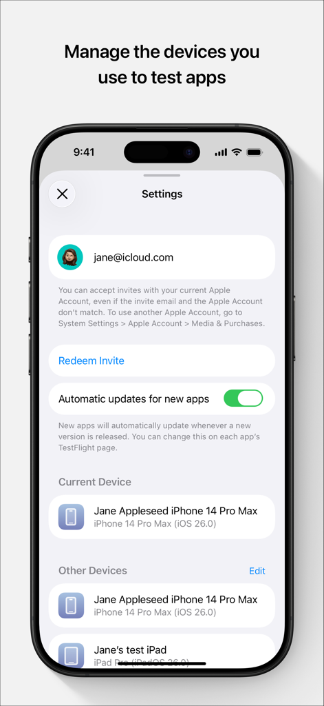 L'interface des paramètres de TestFlight affiche les informations du compte utilisateur et la liste des appareils de test enregistrés.