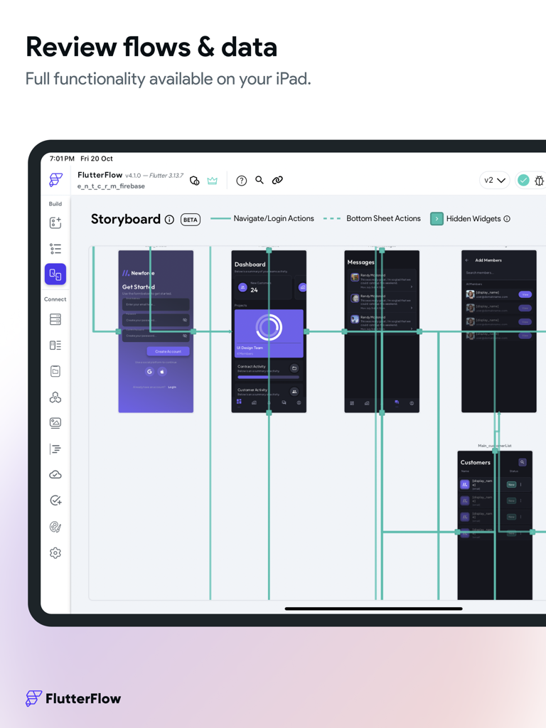 App de FlutterFlow para iPad mostrando la interfaz del storyboard para el desarrollo visual de apps y revisión de flujos