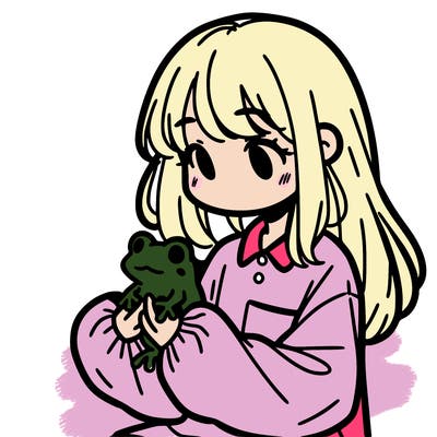 girl with long hair and a oversized shirt. and she is holding a frog
