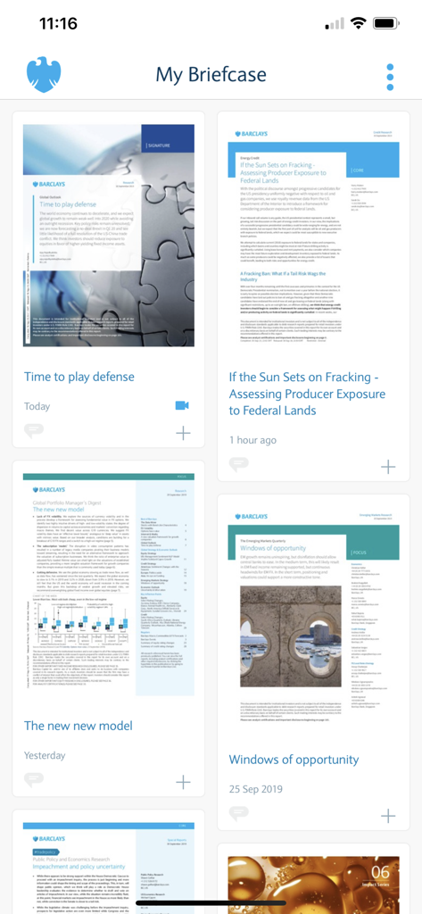 Barclays Live - The My Briefcase section of the Barclays Live app displaying a collection of institutional financial research reports.