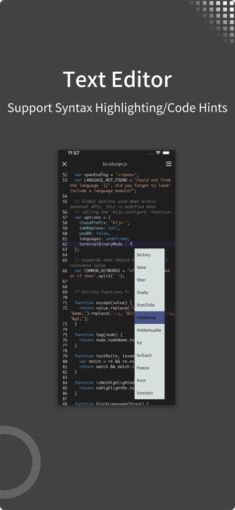 zFuse app text editor interface showing syntax highlighting and code suggestions for JavaScript