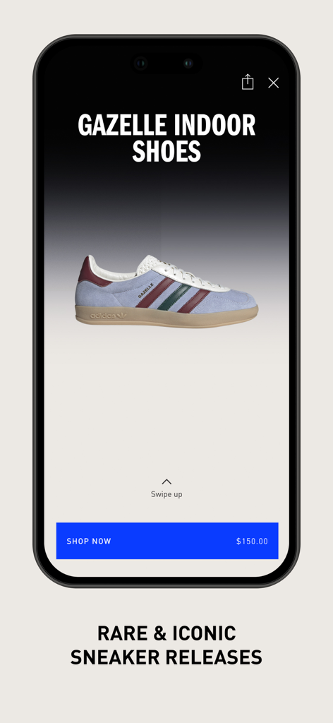 CONFIRMED | Sneakers & more - Adidas Gazelle Indoor shoes shown on the CONFIRMED app interface with a Shop Now button.
