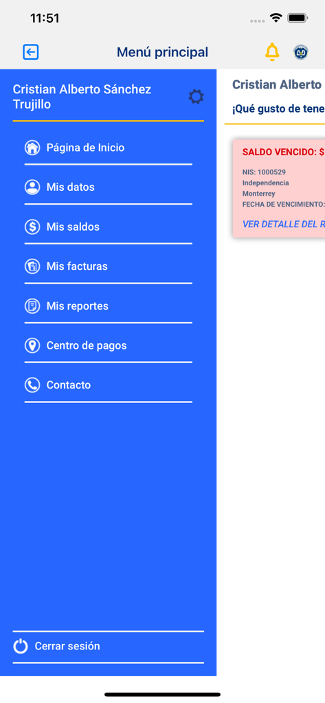 AYD - Menú principal de la aplicación de servicios públicos de agua AYD que muestra opciones de navegación de cuenta y pago