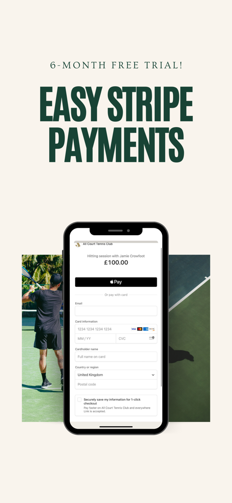 Mobile App-Ansicht mit sicherer Stripe- und Apple Pay-Zahlungsschnittstelle für die Buchung einer Tennis-Trainingseinheit.