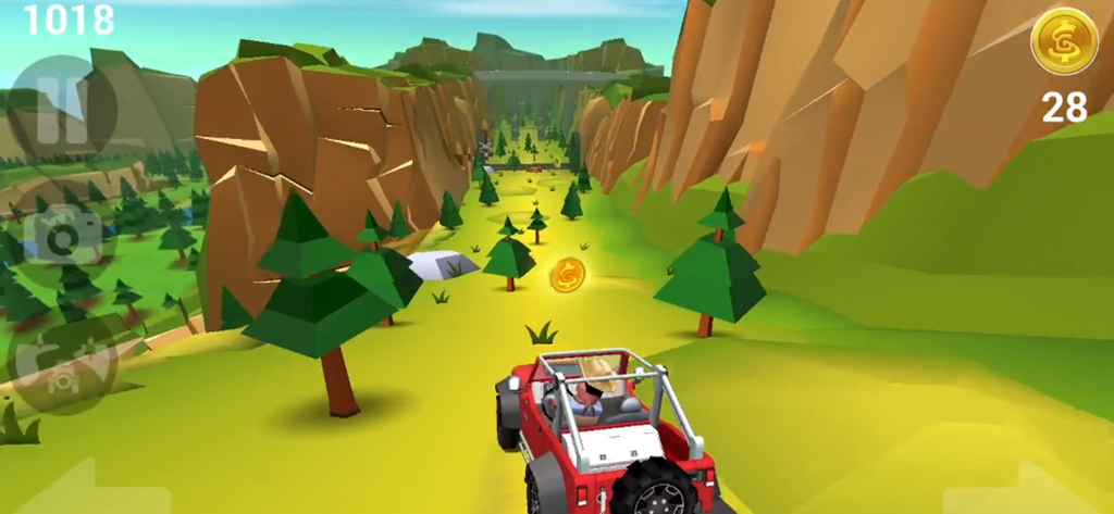 Faily Brakes Classic - A red off-road vehicle driving down a green hill with trees and gold coins in Faily Brakes Classic.