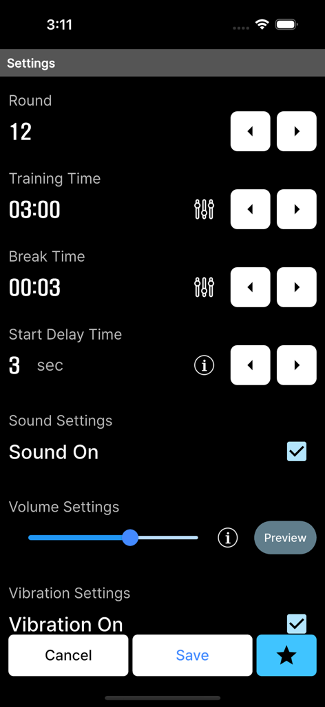 Tela de configurações do aplicativo Boxing Timer mostrando opções para tempo de treino de rounds e alertas sonoros.