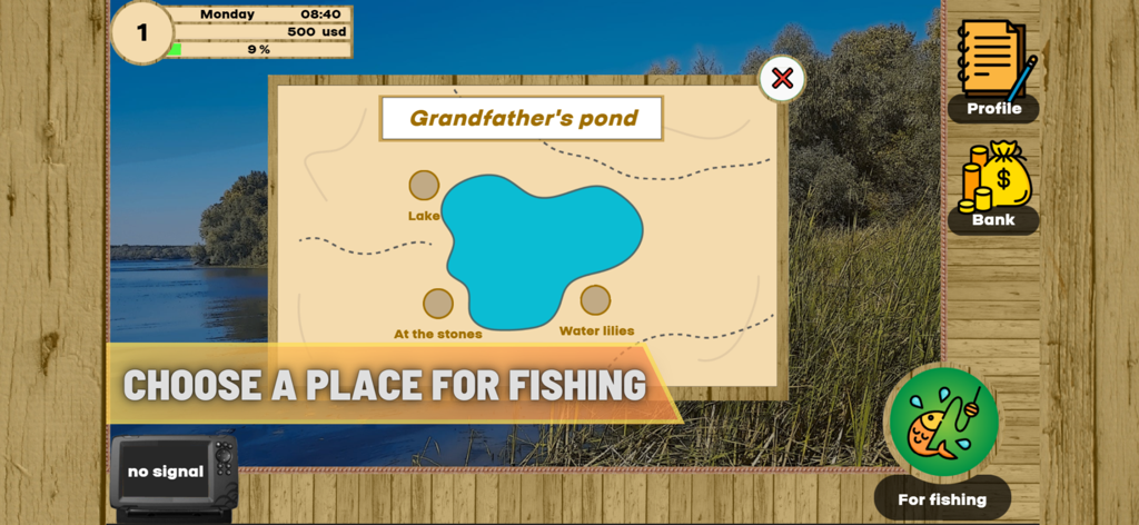 Real Fishing Simulator - A fishing spot selection map screen in Real Fishing Simulator showing different areas to fish