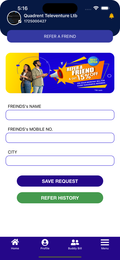 Connect Broadband app refer a friend screen showing a fifteen percent discount offer and contact information form