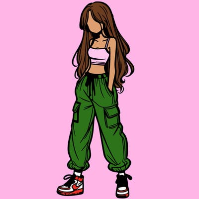 girl in baggy pants crop top and long hair