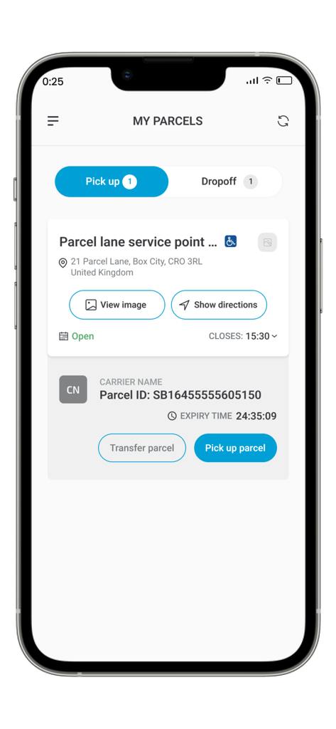 Um smartphone mostrando o ecrã As Minhas Encomendas da aplicação Nærboks com opções para recolher ou transferir uma entrega num ponto de serviço.