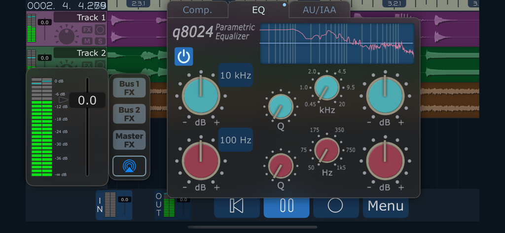 Parametric equalizer settings showing frequency and gain controls in the MultiTrack DAW app.
