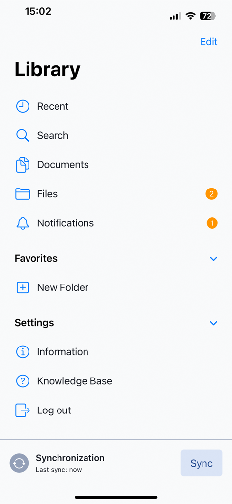 Yonder Offline Reader NG - Menú principal de la biblioteca de la aplicación Yonder Offline Reader NG que muestra opciones de navegación y estado de sincronización.