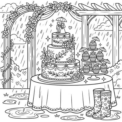 Embrace the unique charm of a wedding day, rain or shine, with this delightful coloring page featuring beautifully adorned wedding cakes. Perfect for anyone who loves romance and a touch of whimsy, it offers a serene coloring experience.
